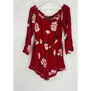 Kendall & Kylie Floral Romper Off‎ Shoulder 3/4 Sleeve Casual Red Medium